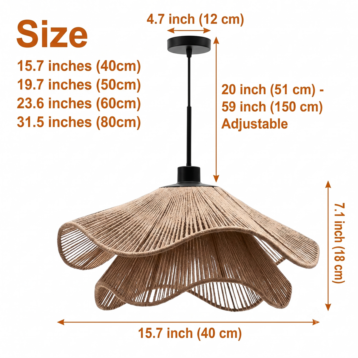 Natural Hemp Rope Woven Pendant in sizes from 15.7 to 31.5 inches diameter, larger shades reveal more hemp-petal layering and carry more visual weight