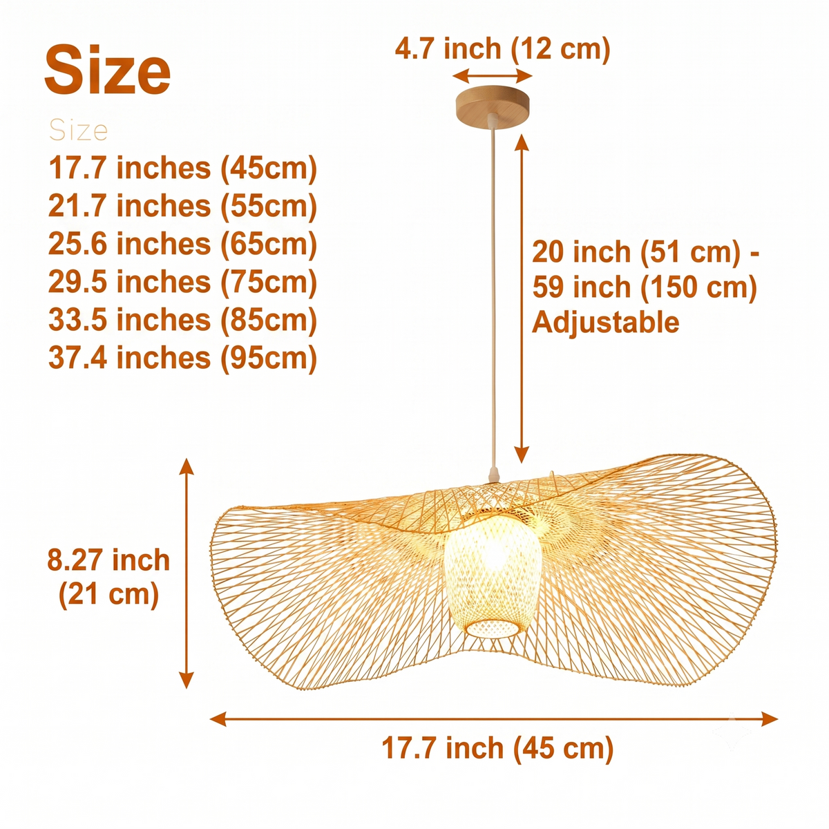 Natural Lotus Leaf Woven Bamboo Pendant in sizes from 17.7 to 37.4 inches diameter, larger domes widen the shadow pattern and read heavier overhead