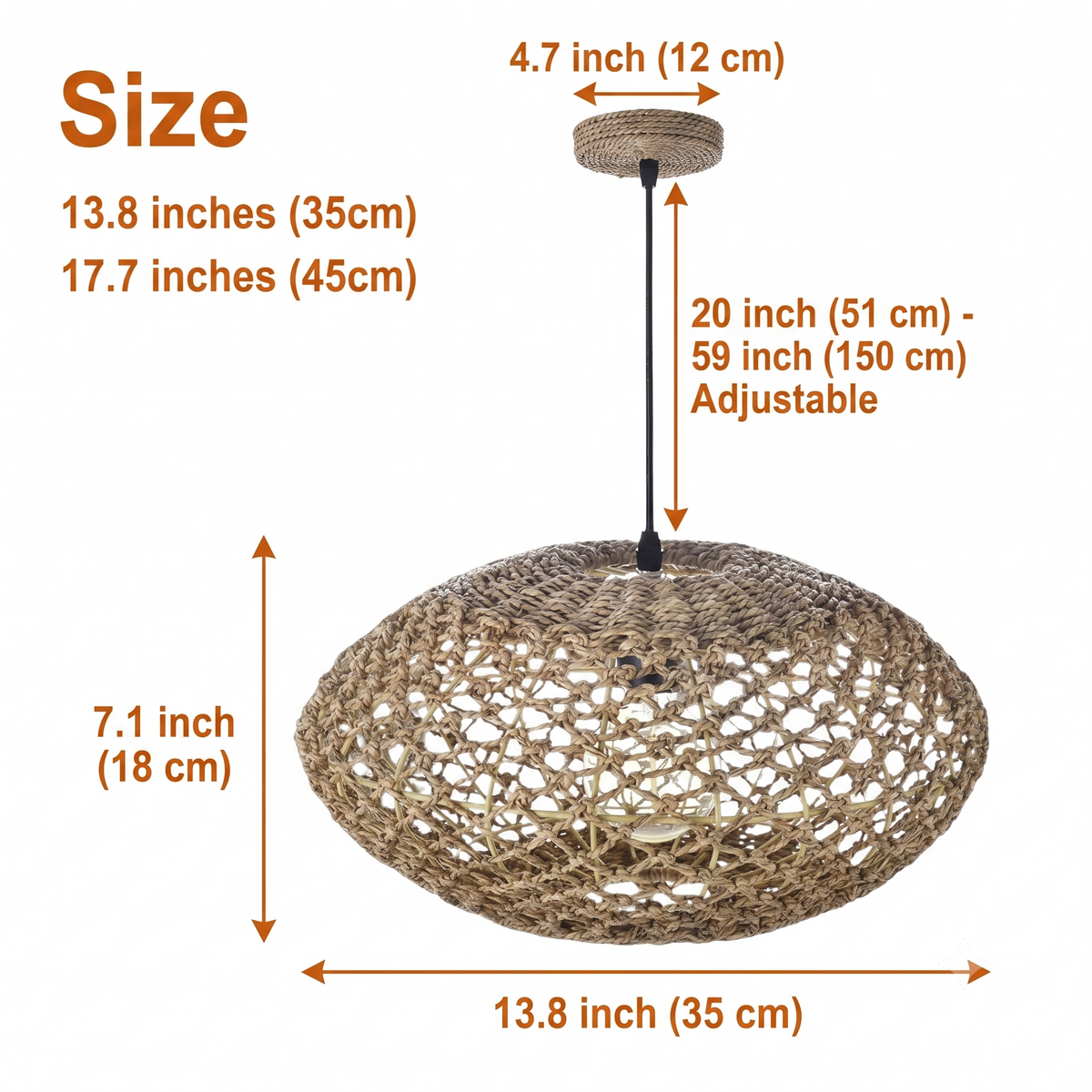 Natural Oval Wicker Pendant in 13.8-inch and 17.7-inch diameters, the larger size spreads more light and shows more open weave detail