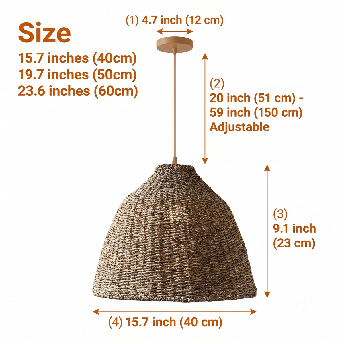 Nehara Wicker Pendant in sizes from 15.7 to 23.6 inches diameter, larger domes widen the downward pool of light and show more coiled jute texture