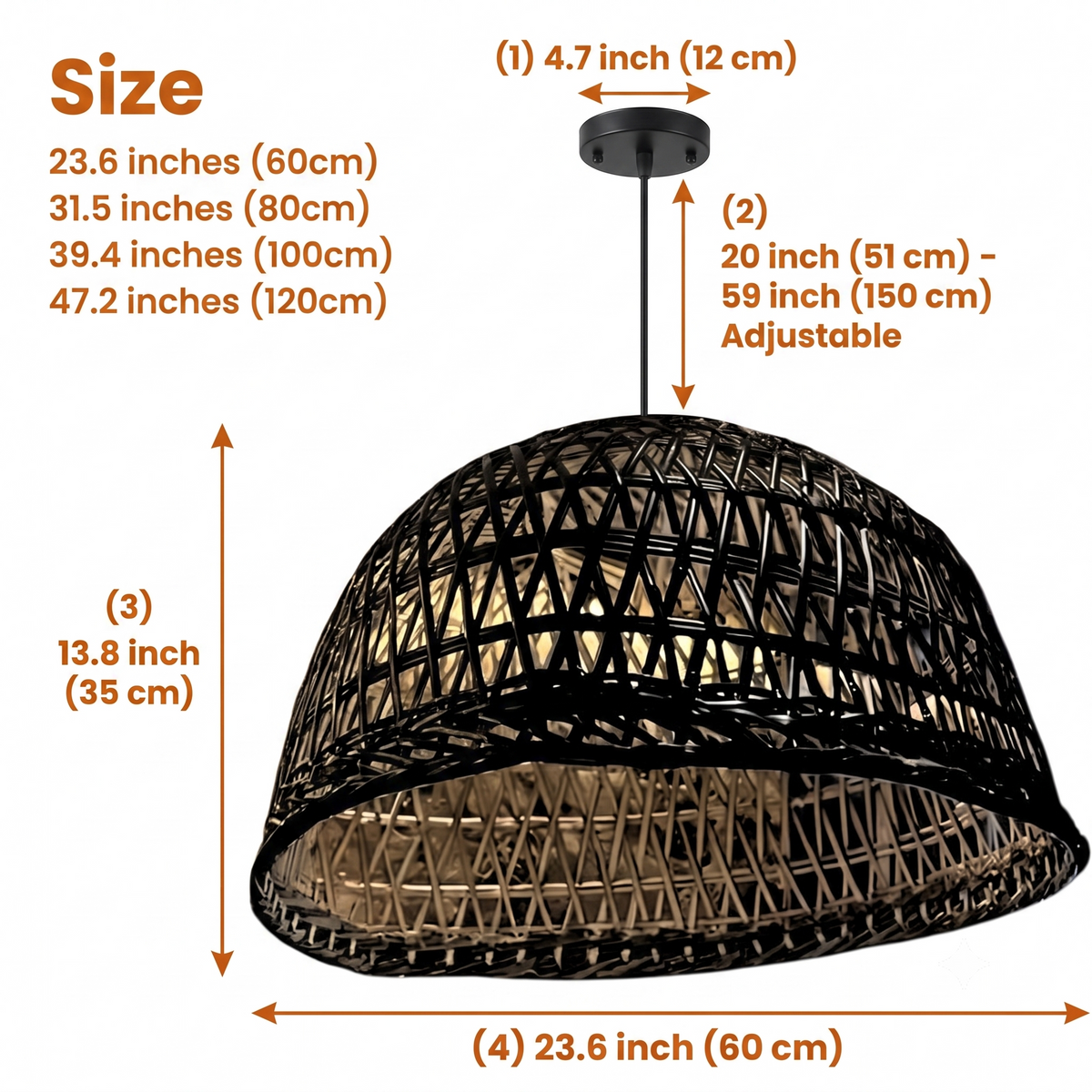 Neroweave Extra Large Black Dome Rattan Pendant in sizes from 23.6 to 47.2 inches diameter, larger domes cast wider shadow patterns and show more open weave