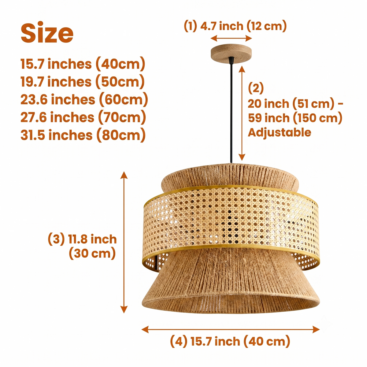 Nimes Wabi Sabi Rattan Drum Pendant in sizes from 15.7 to 31.5 inches diameter, smaller shades show tighter weave while larger ones add visual weight