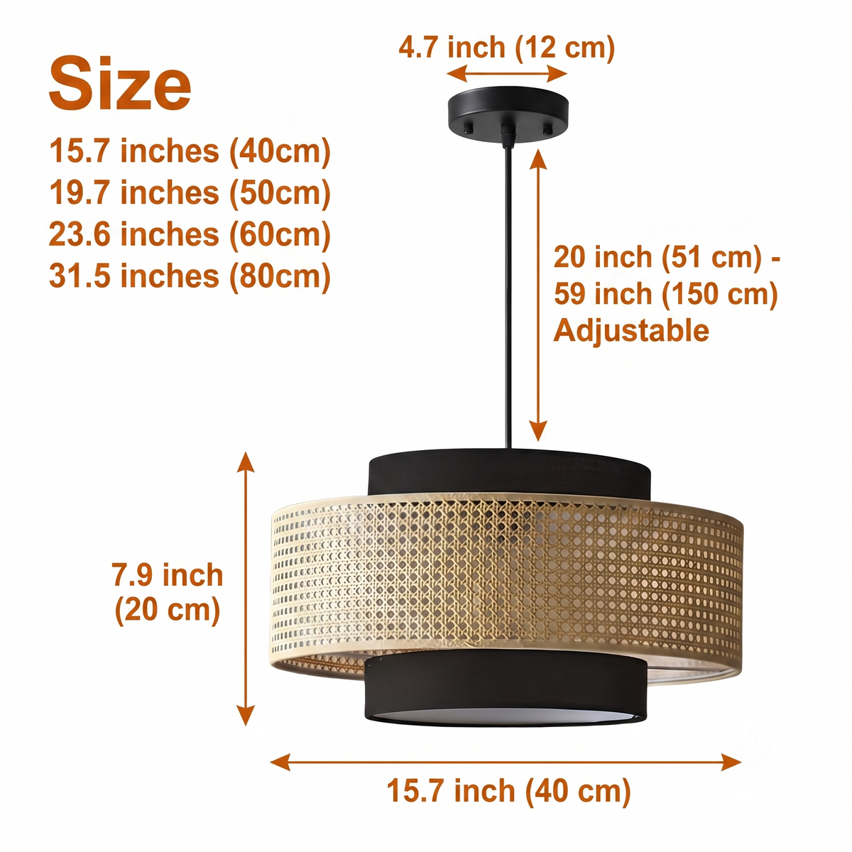 Nivara Black and Rattan Drum Pendant in sizes from 15.7 to 31.5 inches diameter, larger drums show more weave and throw a wider glow than smaller ones