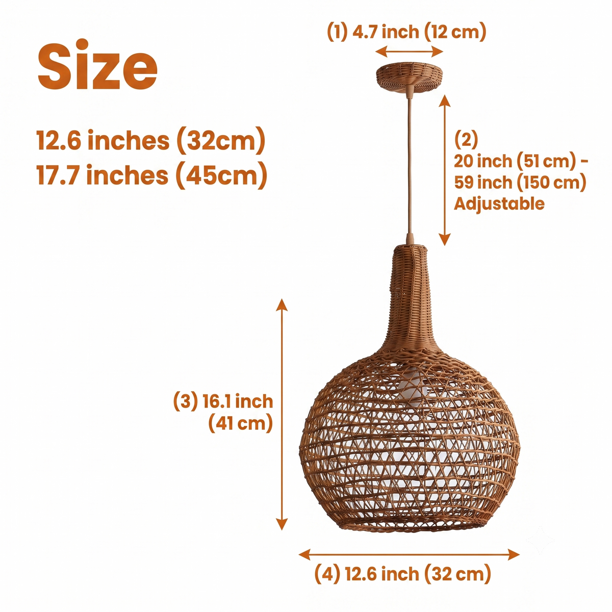 Nkuku Beru Rattan Pendant in 12.6-inch and 17.7-inch diameters, the larger globe casts a wider glow and heavier presence than the compact size