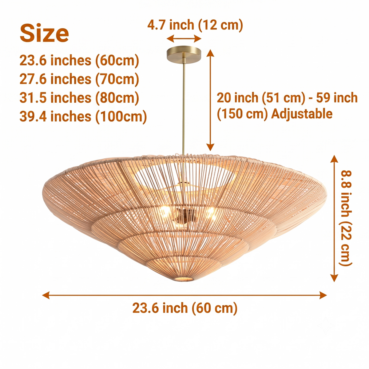 Nordic Large Umbrella Rattan Pendant in sizes from 23.6 to 39.4 inches diameter, larger shades cast a wider shadow pattern and carry more visual weight