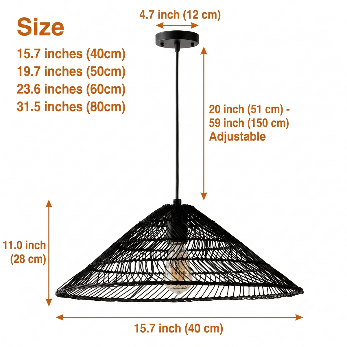 Nova Black Rattan Pendant in sizes from 15.7 to 31.5 inches diameter, larger cones widen the light spread while smaller ones concentrate the glow