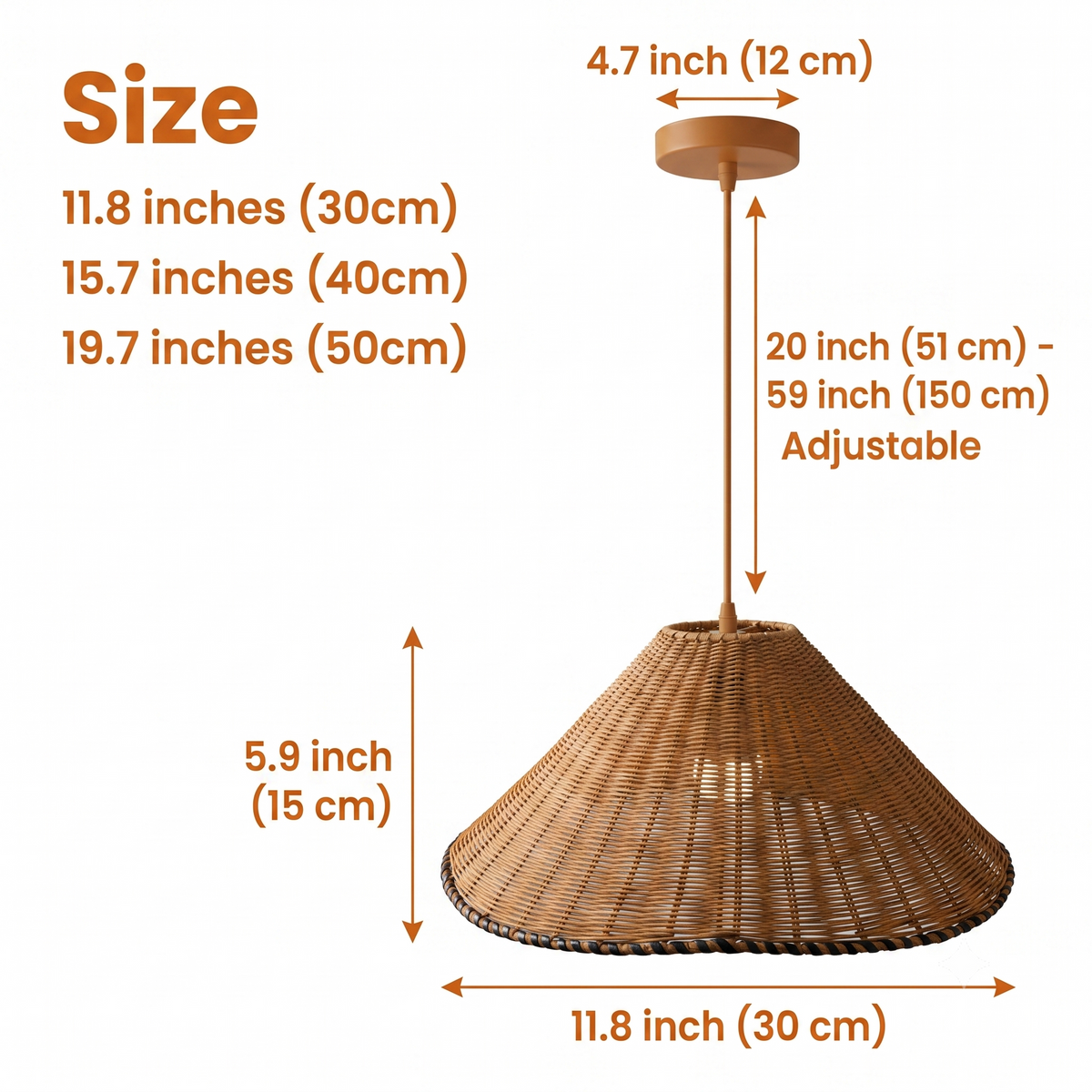 Oceania Rattan Pendant in sizes from 11.8 to 19.7 inches diameter, larger shades cast a wider glow while smaller ones read as compact focused accents