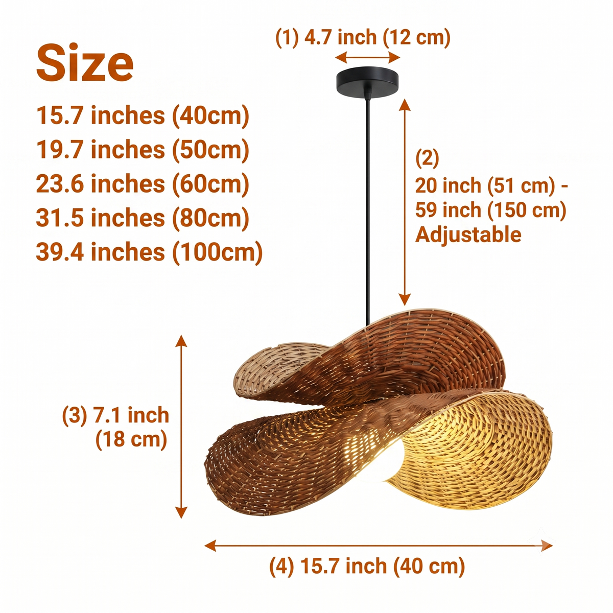 Ooas Wicker Bamboo Pendant ranges 15.7-inch to 39.4-inch diameter wave-lattice domes, larger sizes casting wider shadow lattices while smaller shades give tighter quieter light pools