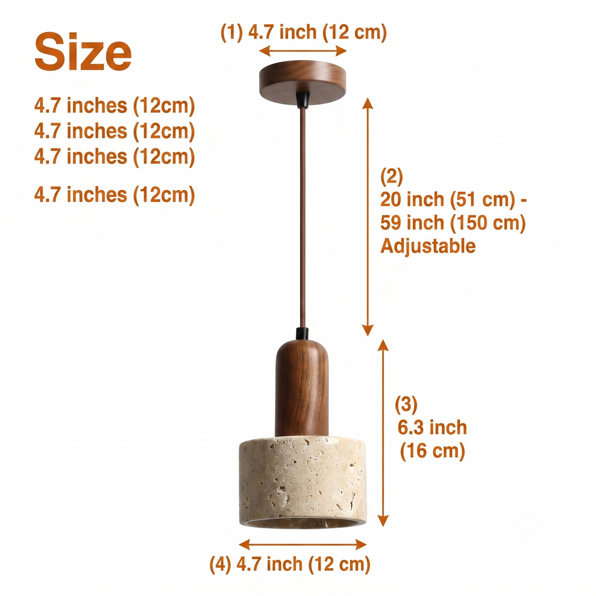 Ora Wabi Sabi Cylinder Travertine Stone and Wood Pendant at a compact 4.7-inch diameter, its carved stone body casting a tight intimate glow for bedside accent spots