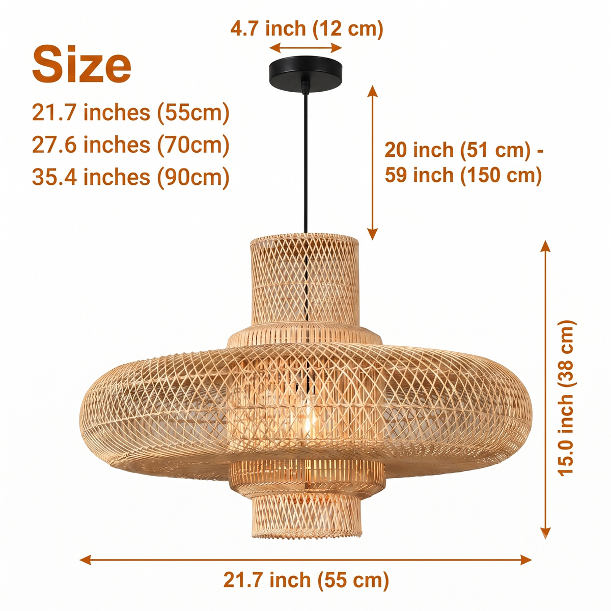 Organo Woven Bamboo Pendant spans 21.7-inch to 35.4-inch diameters, larger sizes showing more lattice tiers and casting wider shadow patterns overhead than smaller ones