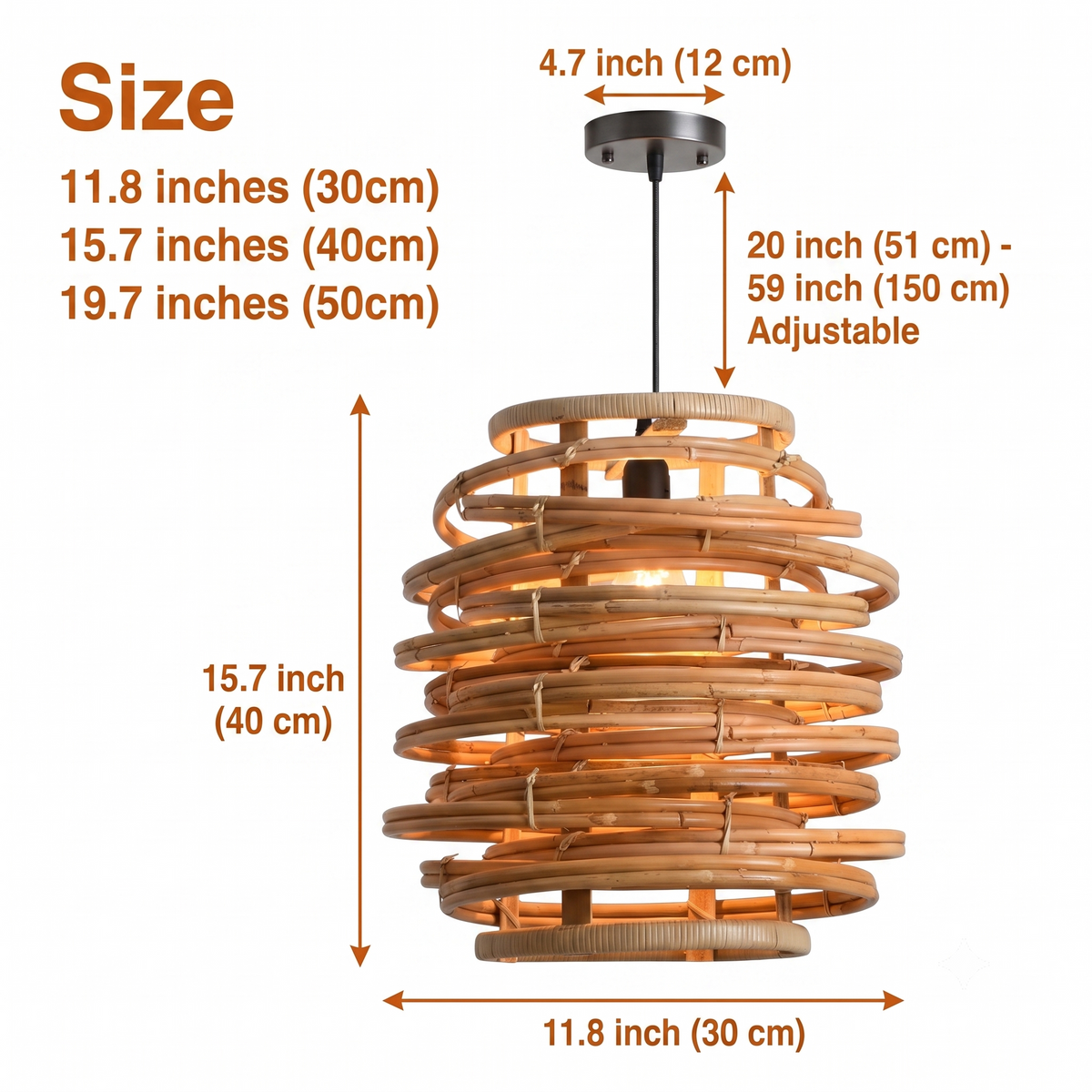 Oriana Grass Bamboo Pendant spans 11.8-inch to 19.7-inch diameters, larger spirals showing more coiled bamboo layers and casting wider shadow play overhead
