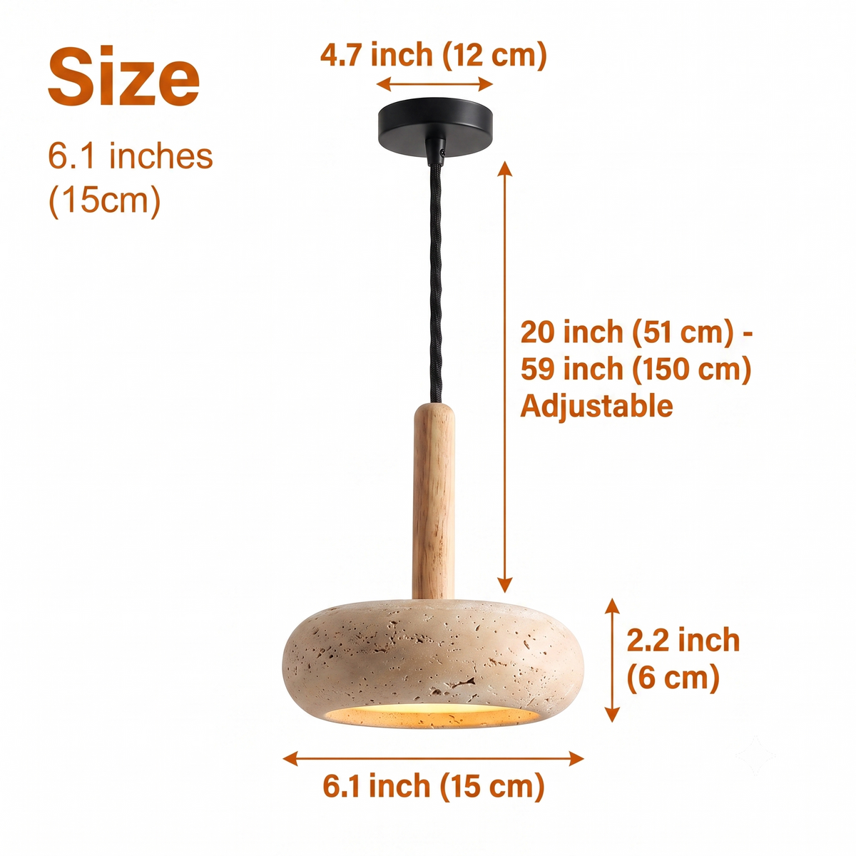Osho Wabi Sabi Round Travertine and Wood Pendant at a compact 6.1-inch diameter, its porous stone texture casting a focused intimate glow for bedside spots