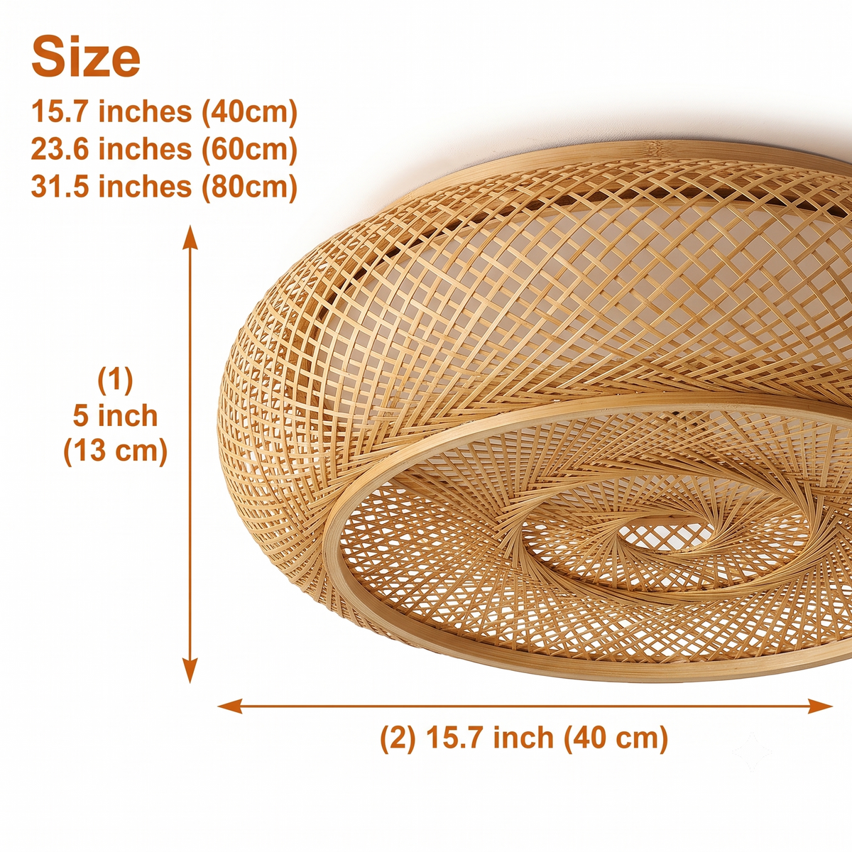 Oukaning Large Round Bamboo Pendant spans 15.7-inch to 31.5-inch diameters, larger drums widening light spread and visual weight while keeping the same strip pattern