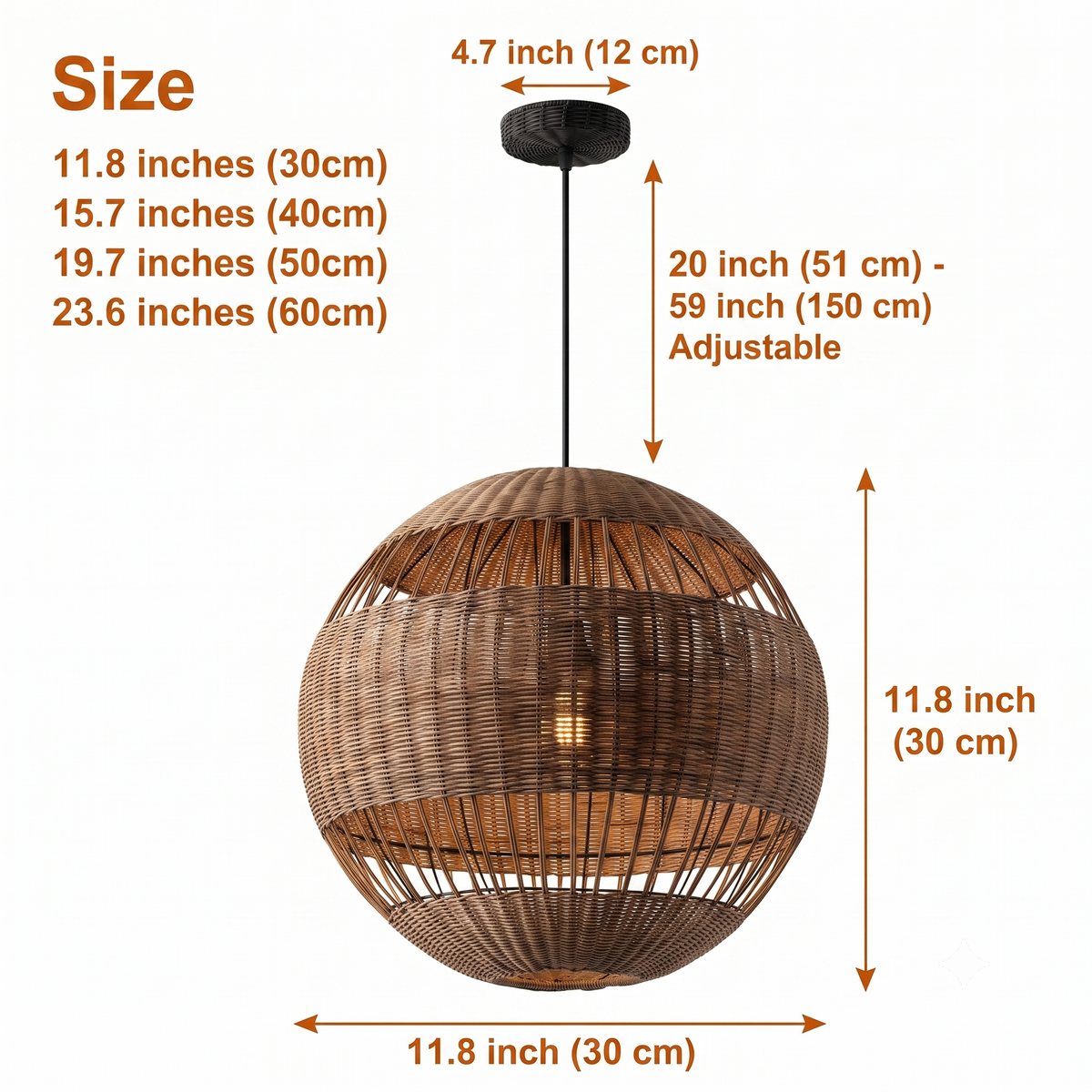 Palma Wicker Rattan Round Pendant spans 11.8-inch to 23.6-inch diameters, larger sizes showing more open lattice and casting wider shadow patterns than the cozier smaller ones
