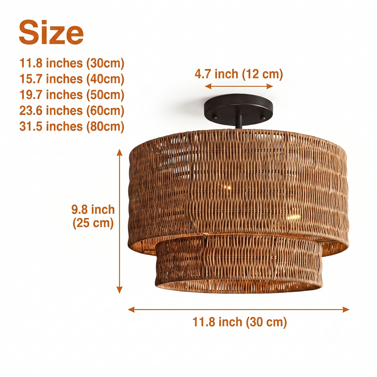Paloma Wicker Rattan Double Drum spans 11.8-inch to 31.5-inch diameters, larger drums showing more woven surface and casting a wider bolder shadow than smaller sizes