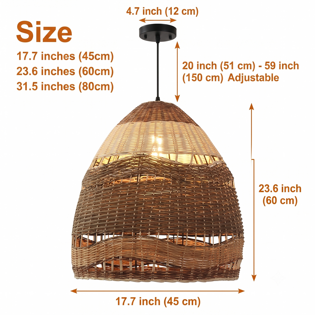 Pantalla Wicker Rattan Pendant spans 17.7-inch to 31.5-inch diameters, larger shades deepening the dense-to-open banding contrast and widening light spread over the table