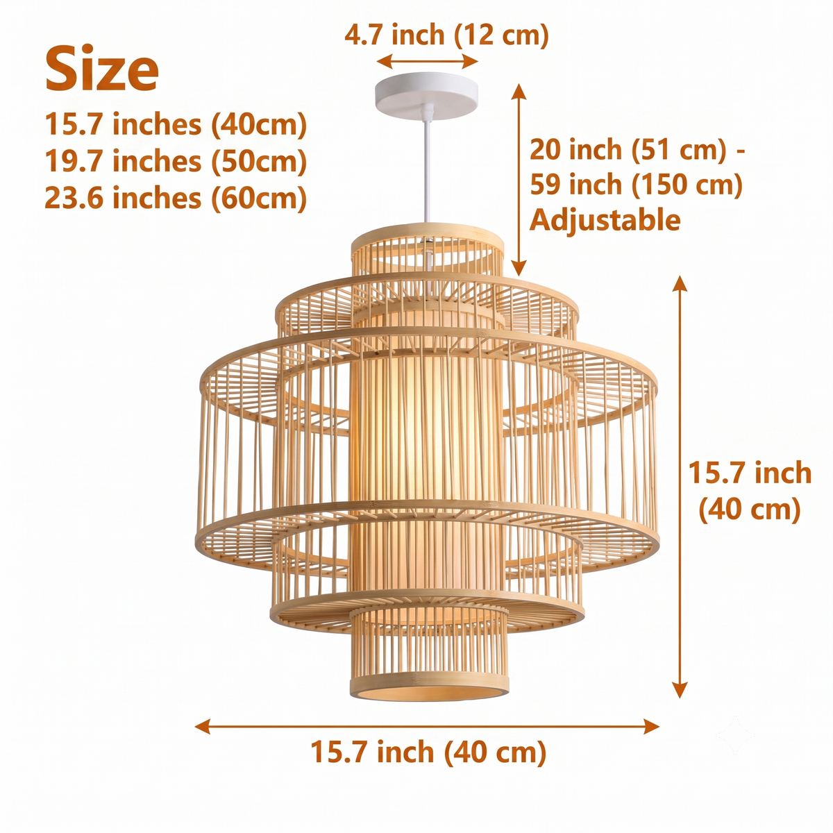 Parren Japanese Bamboo Pendant spans 15.7-inch to 23.6-inch diameters, larger tiers casting wider shadow patterns and reading bolder than the delicate smaller sizes