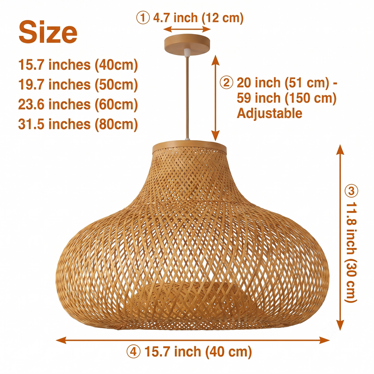 Pastoral Country Handwoven Bamboo Pendant spans 15.7-inch to 31.5-inch diameters, larger sizes throwing wider bolder diamond shadows than the task-lit smaller ones