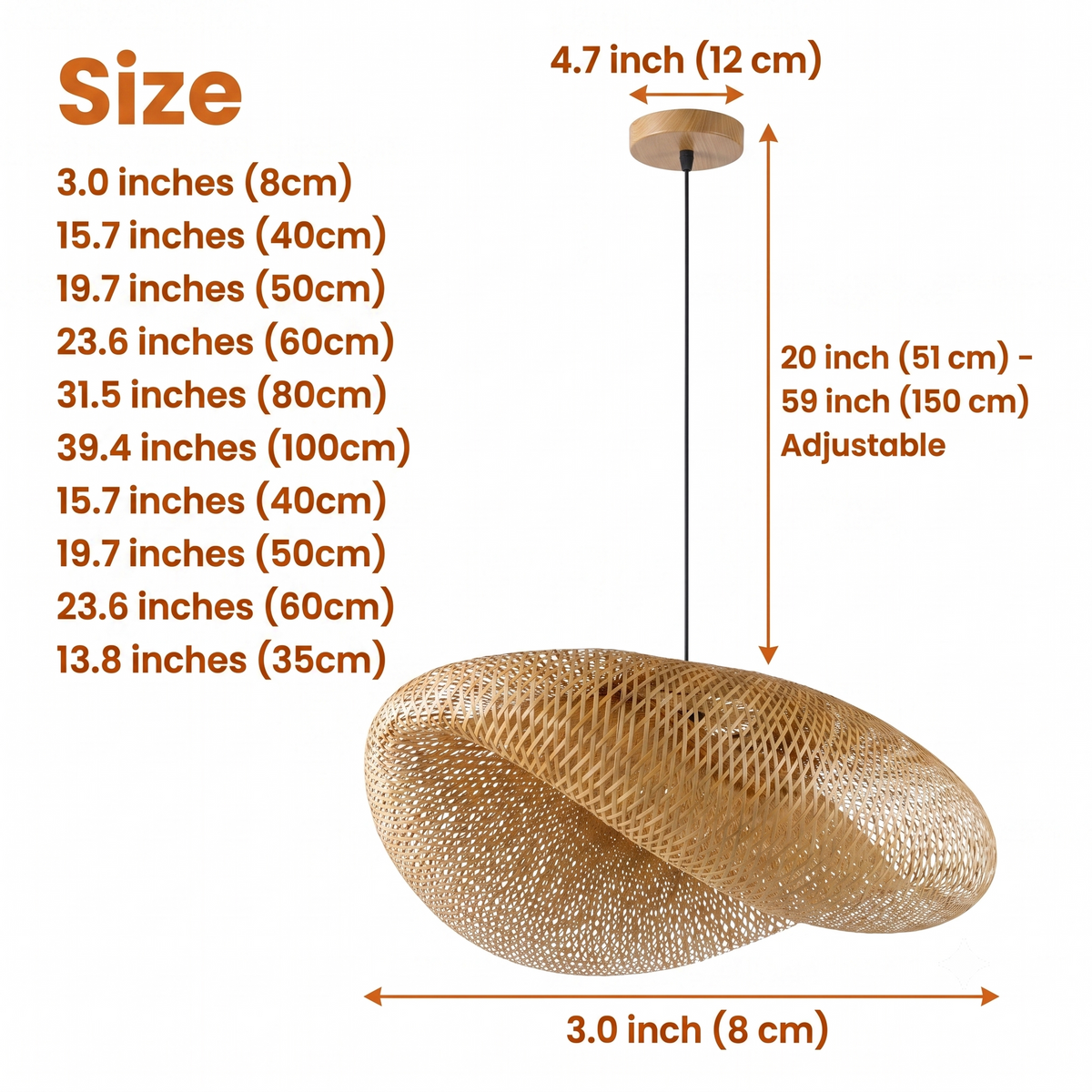 Pattranan Wabi Sabi Bamboo Woven Pendant spans 13.8-inch to 39.4-inch diameters, smaller shades revealing finer weave detail while larger ones open for a softer wider glow
