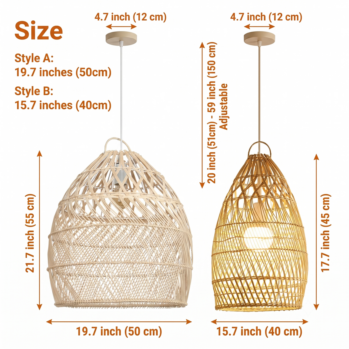Perio Rattan Basket Pendant Light in 15.7-inch and 19.7-inch diameters, larger shade shows more open lattice crown, smaller reveals denser diamond base weave