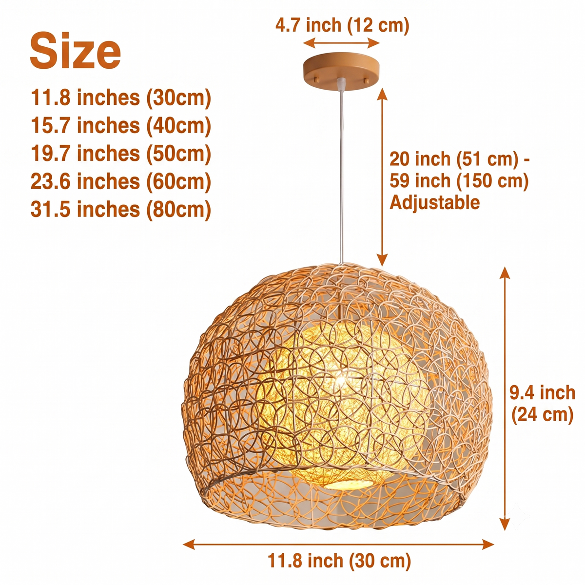 Peynir Rattan Basket Pendant Light Small in sizes from 11.8 to 31.5 inches, round basket weave, smaller casts tight glow, larger widens spread and texture