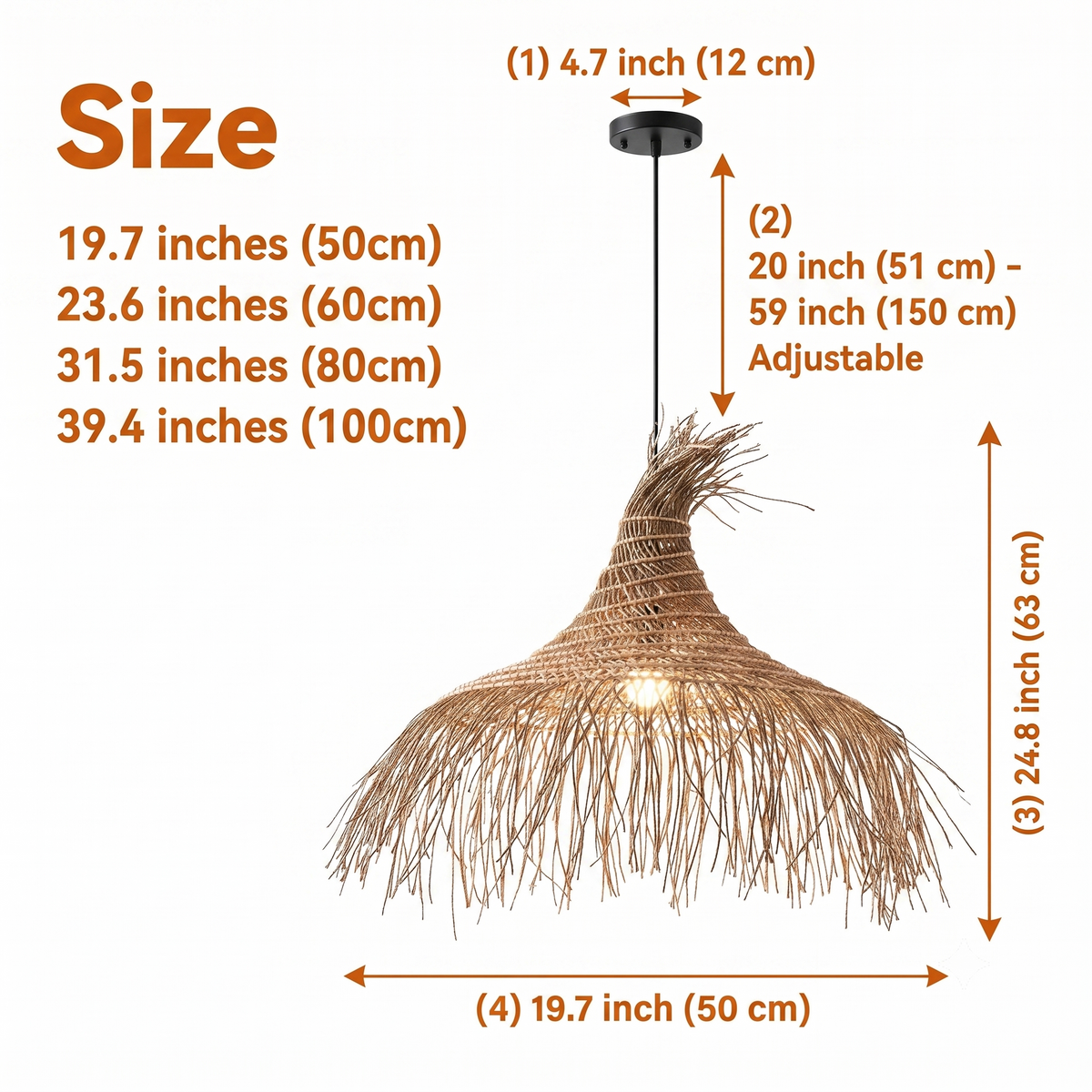 Pipa Coastal Rattan Kitchen Pendant Light in 19.7-inch to 39.4-inch diameters, tapered two-tier cone, larger shows more flowing strands and deeper shadow play