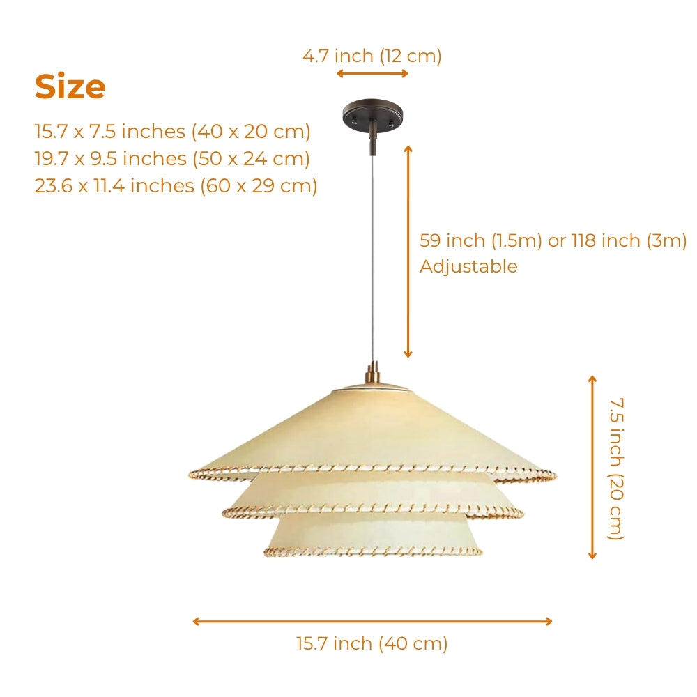 Planas Wabi Sabi Tiered Pendant Light in 15.7-inch to 23.6-inch diameters, stitched parchment tiers, larger shows more tiers, smaller suits tighter intimate spots