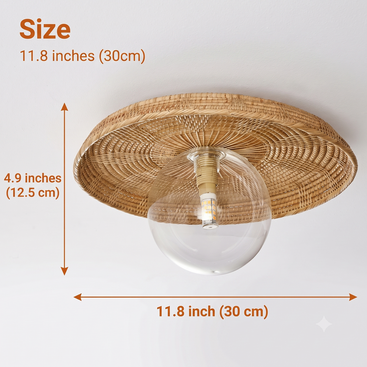 Plato Boho Rattan Ceiling Flush Mount at a compact 11.8-inch diameter, radial sunburst weave suited to small rooms and low ceilings without overwhelming the space