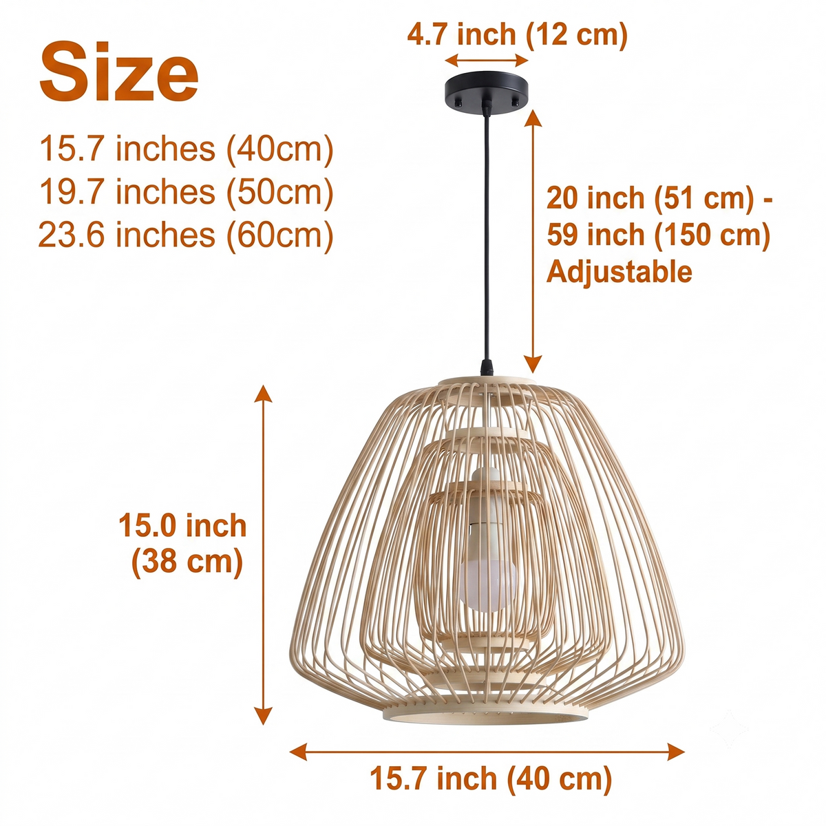 Plura Abstract Bamboo Pendant Light in 15.7-inch to 23.6-inch diameters, vertical-slat bell shape, larger shows more slat tiers, smaller keeps tighter shadow striping