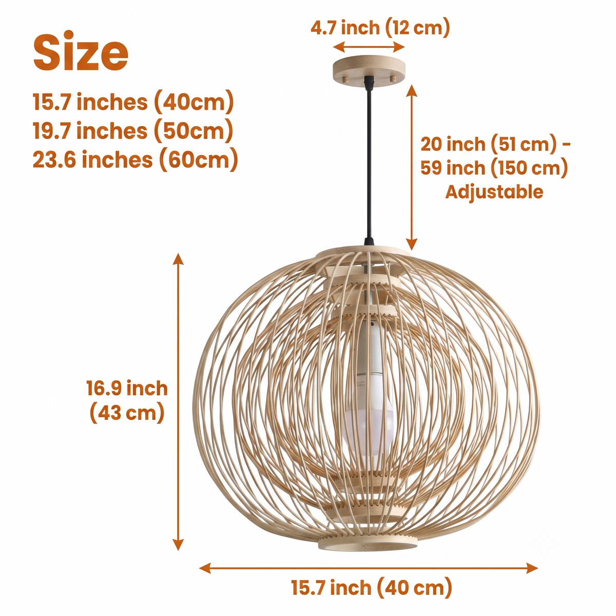 Plura Sphere Bamboo Pendant Light in 15.7-inch to 23.6-inch diameters, open bamboo globe shape, larger sphere casts wider shadows, smaller lets more light escape