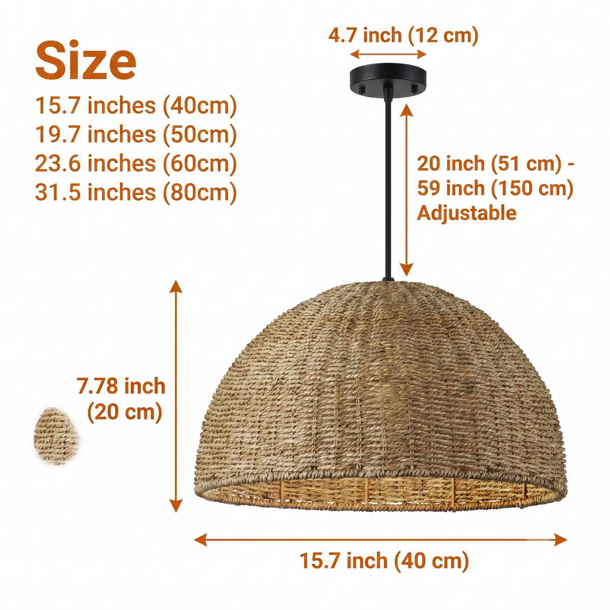 Pourel Dome Wicker Pendant Light in 15.7-inch to 31.5-inch diameters, jute basket weave dome, larger casts broader ambient pools, smaller stays intimate and focused