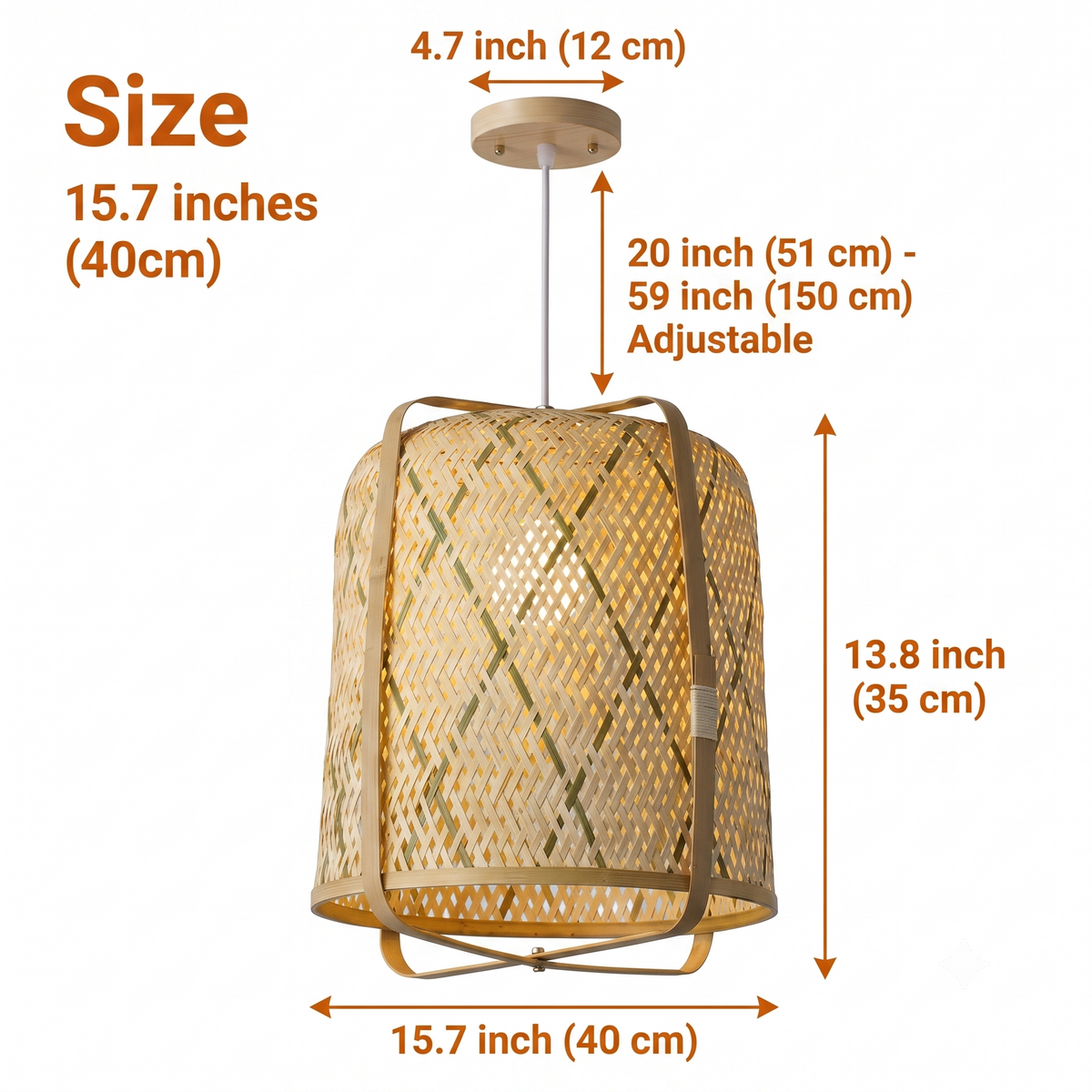 Rcidos Bamboo Wicker Pendant Light at a single 15.7-inch diameter, tight vertical bamboo weave cylinder, suits dining tables, islands, and bedside spots alike