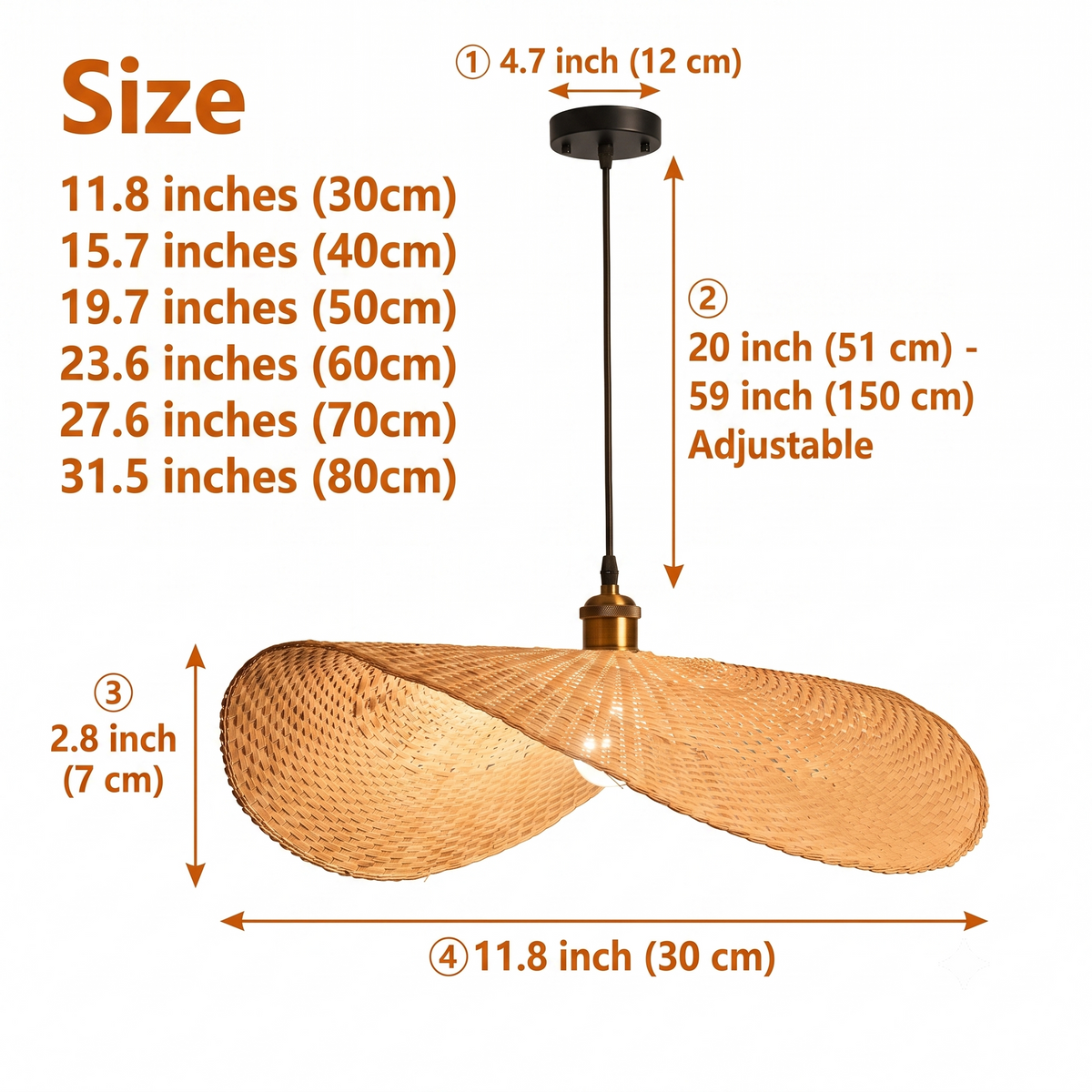 Ren Leaf Wabi Sabi Wicker Rattan Pendant Light in 11.8-inch to 31.5-inch diameters, flat leaf disc shape, larger reads as a centerpiece, smaller stays a quiet accent