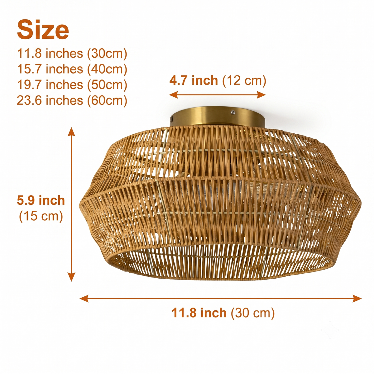 Rennnsan Boho Rattan Wicker Drum Light in 11.8-inch to 23.6-inch diameters, dense geometric weave drum, larger spreads more light, smaller glows softer with less detail