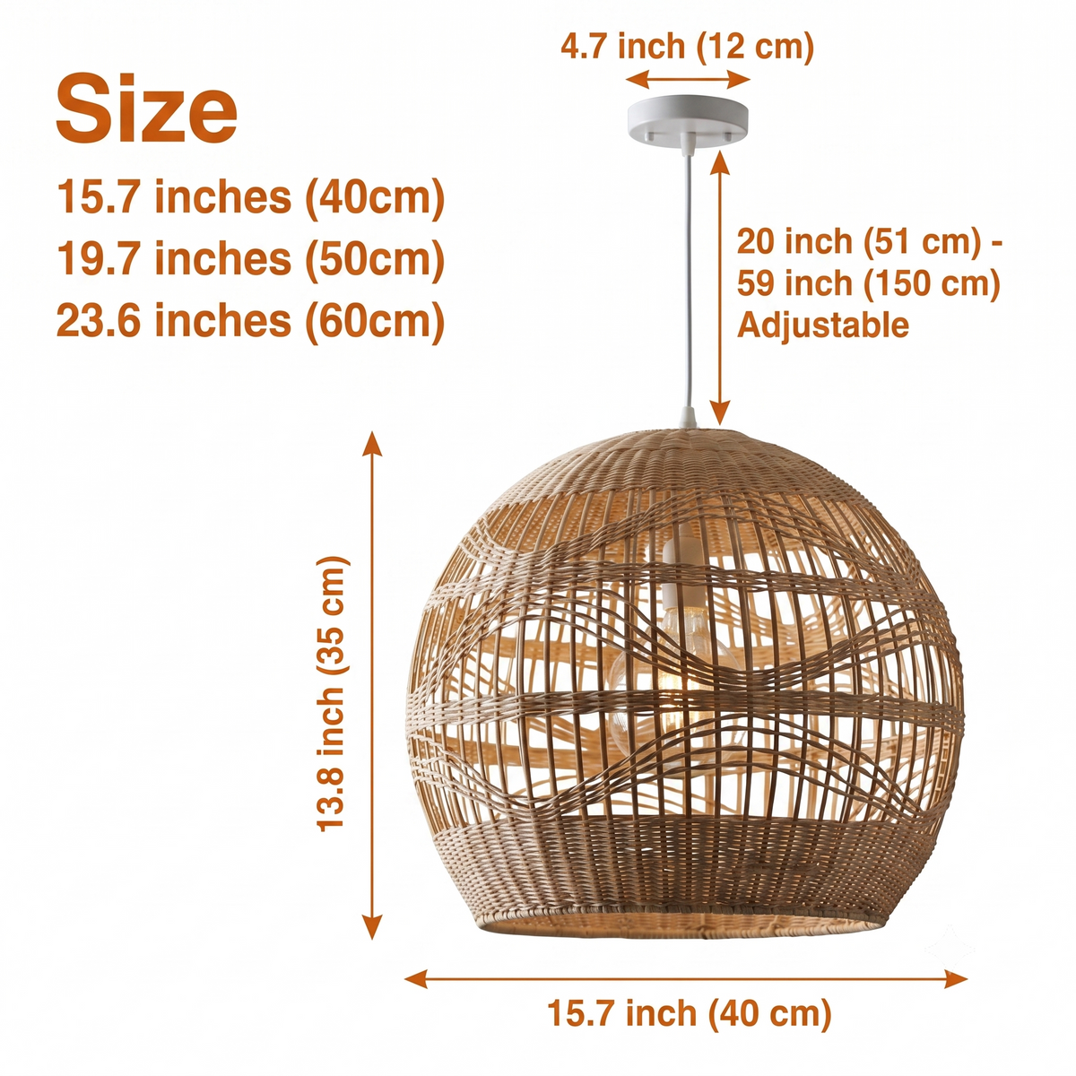 Rita Globe Wicker Bamboo Rattan Pendant Light in 15.7-inch to 23.6-inch diameters, larger globes show more open lattice and wider shadow play than the tighter glow of smaller sizes