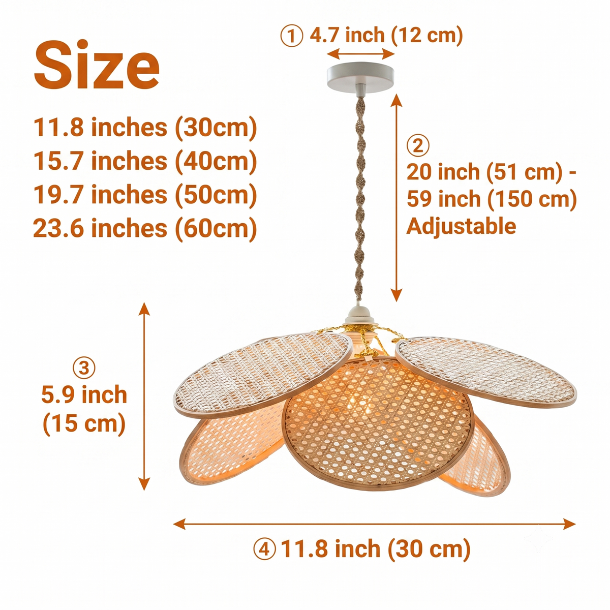 Ritta French Country Rattan Pendant Light in 11.8-inch to 23.6-inch diameters, larger blooms widen the petal spread and shadow reach while smaller ones stay compact