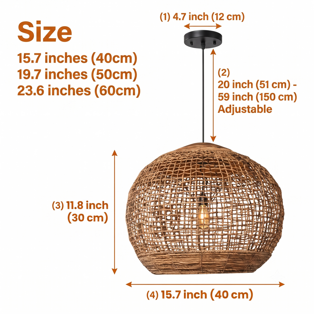 Rustic Globe Woven Pendant Light in 15.7-inch to 23.6-inch diameters, smaller shades keep the weave tight and focused while larger ones open the lattice for softer light