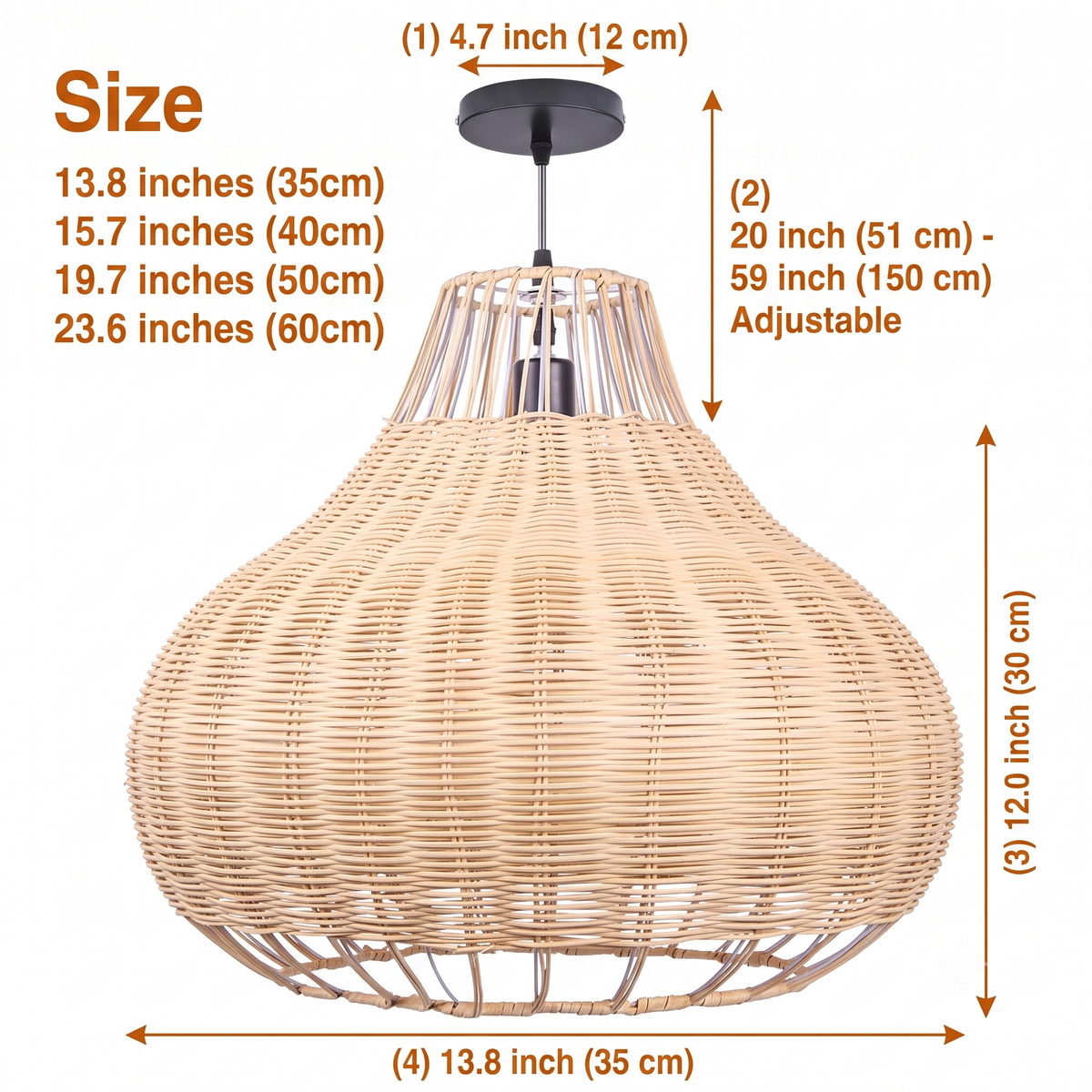 Rustic Pear Dome Wicker Rattan Pendant Light in 13.8-inch to 23.6-inch diameters, larger domes show more woven texture and cast a wider pool of light than smaller accents