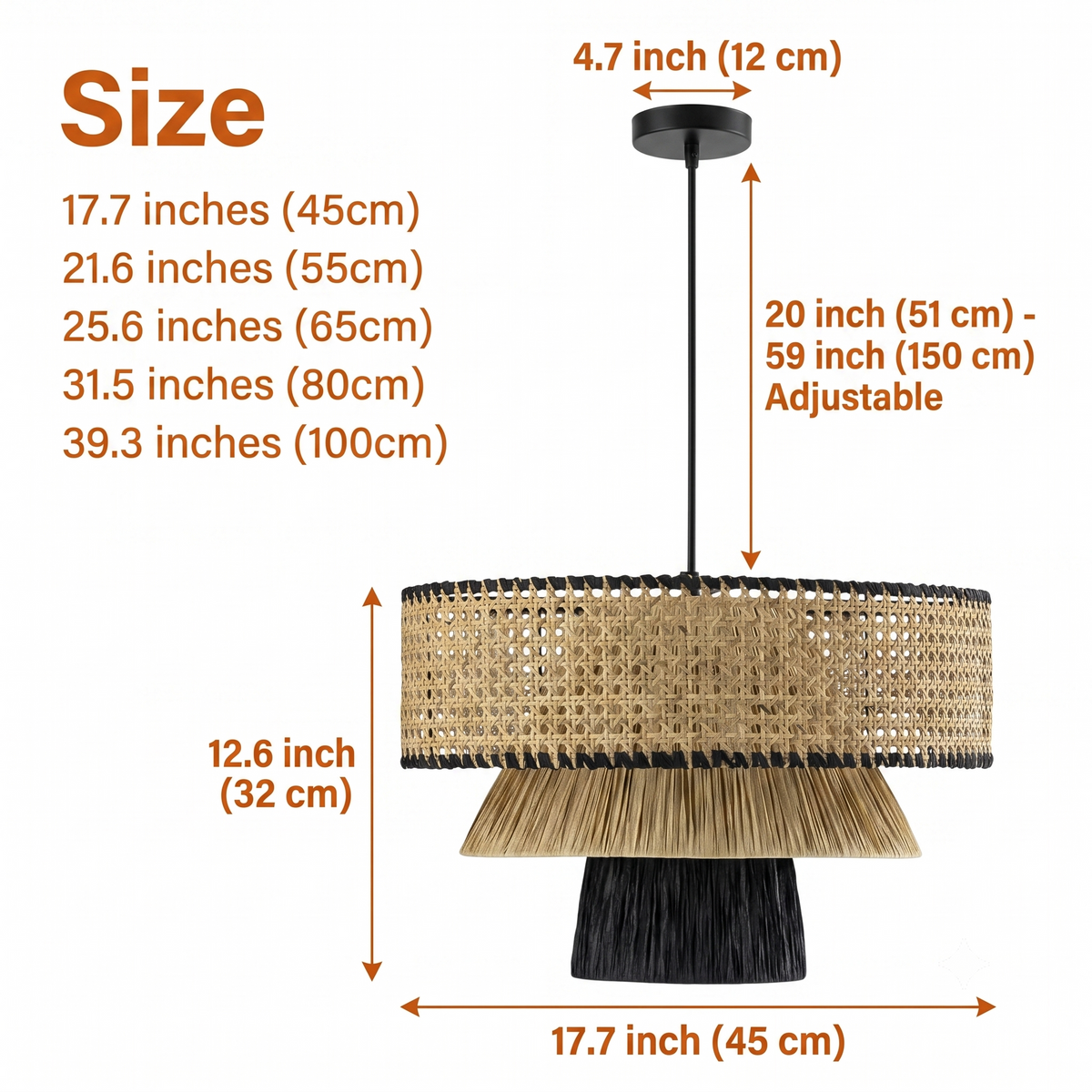 Rylie Rattan Black Pendant Light in 17.7-inch to 39.3-inch diameters, larger drums cast a wider ambient glow and show more open weave than the compact sizes