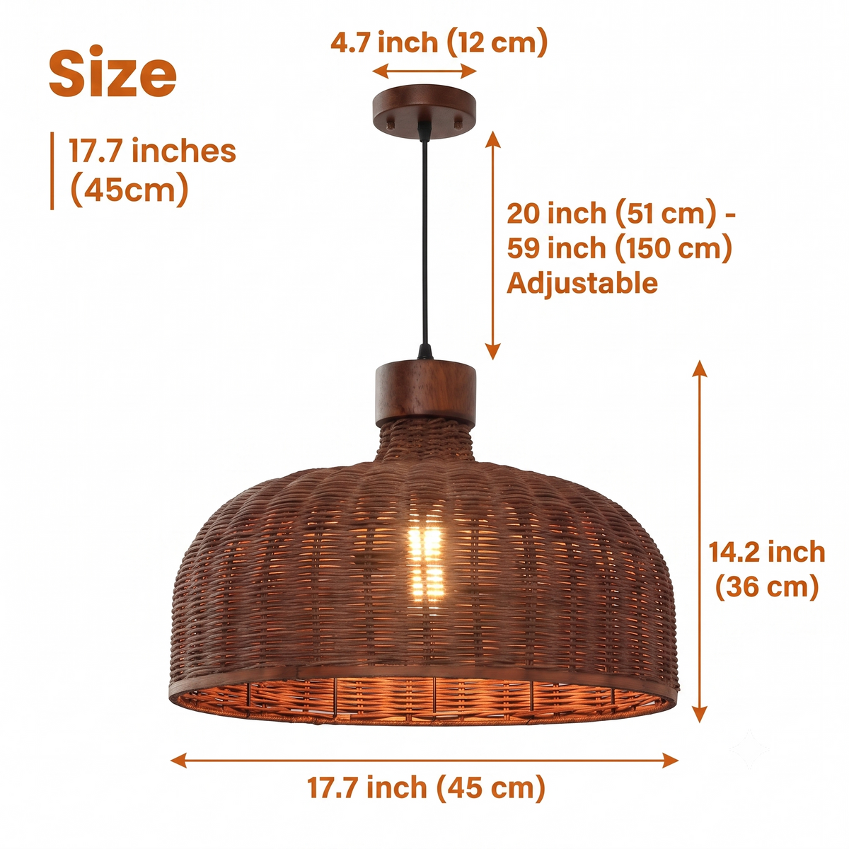 Sago Round Wicker Rattan Pendant Light at 17.7-inch diameter, wide shallow rattan dome casting warm light suited to compact dining nooks and kitchen islands