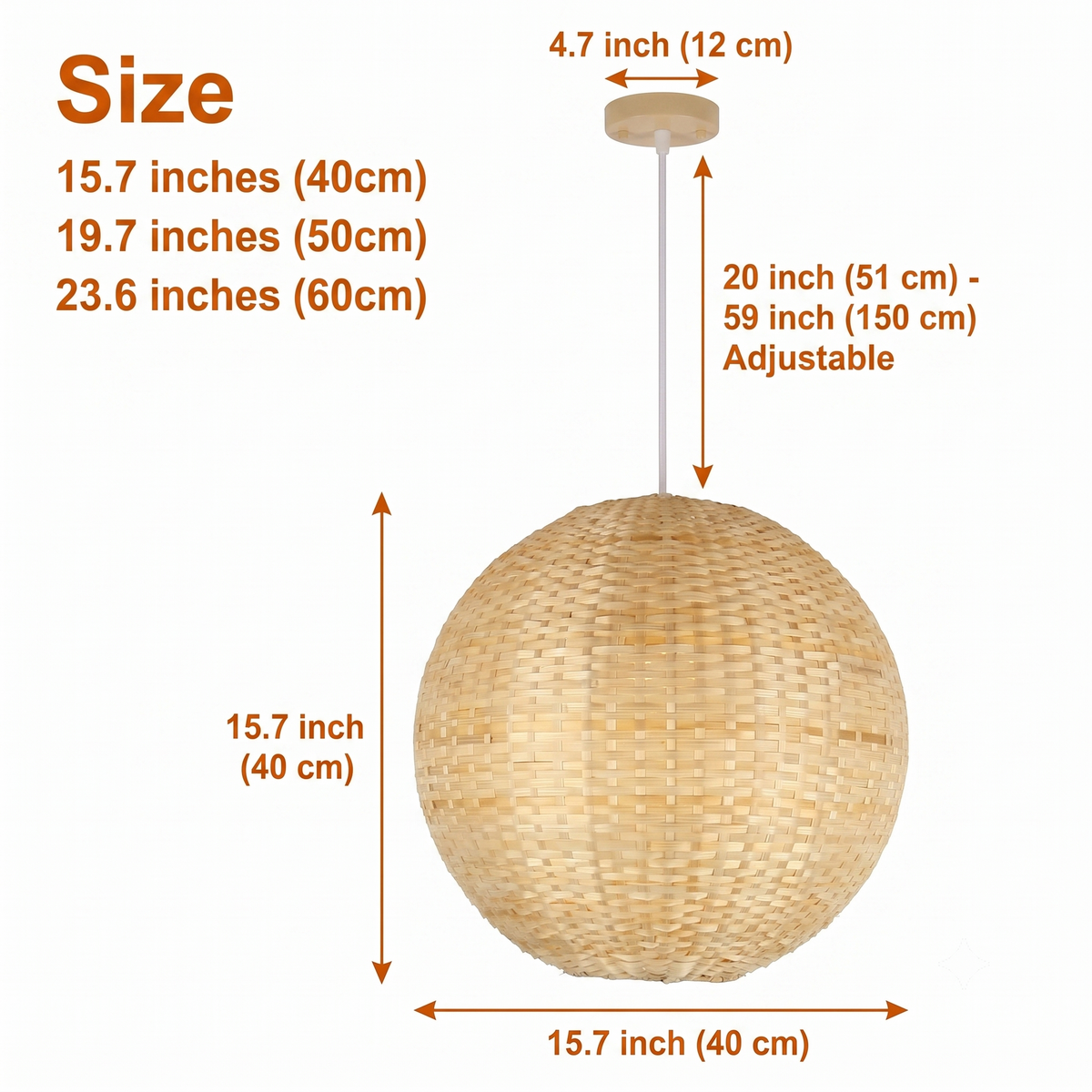 Santa Barbara Round Bamboo Pendant Light in 15.7-inch to 23.6-inch diameters, larger globes show more lattice openwork and wider shadow spread than intimate bedside sizes