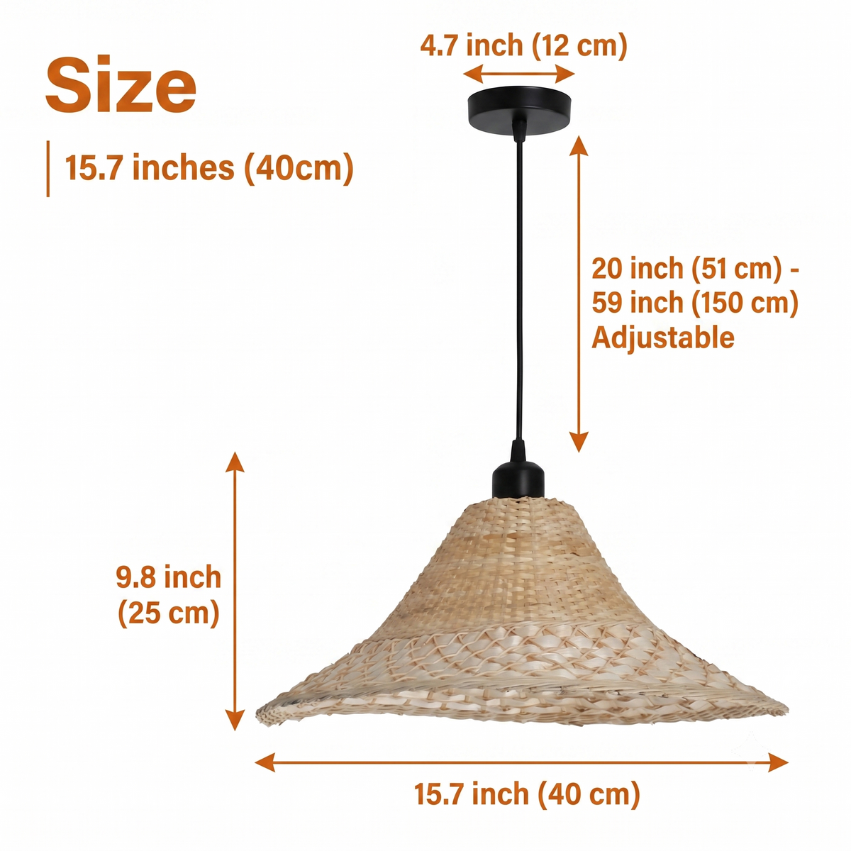 Savannah Bell Wicker Bamboo Pendant Light at 15.7-inch diameter, wide shallow bell shade suited to a single dining table, island end, or bedside spot