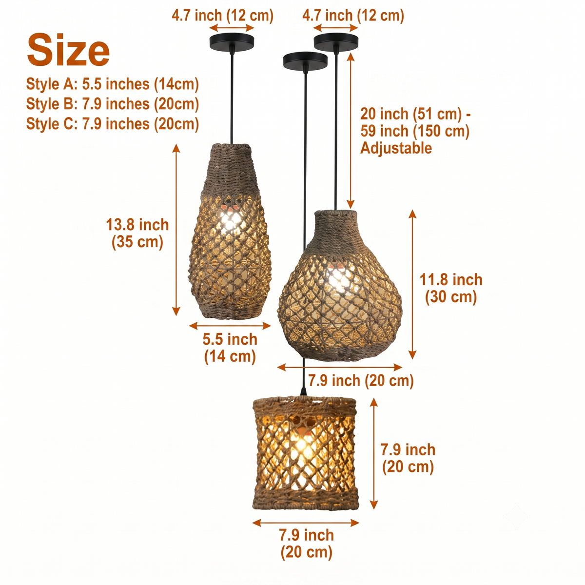 Shaun Small Basket Wicker Woven Pendant Light in 5.5-inch to 7.9-inch jute shades, bigger shades cast a wider woven shadow while the smallest teardrop glances rather than glows