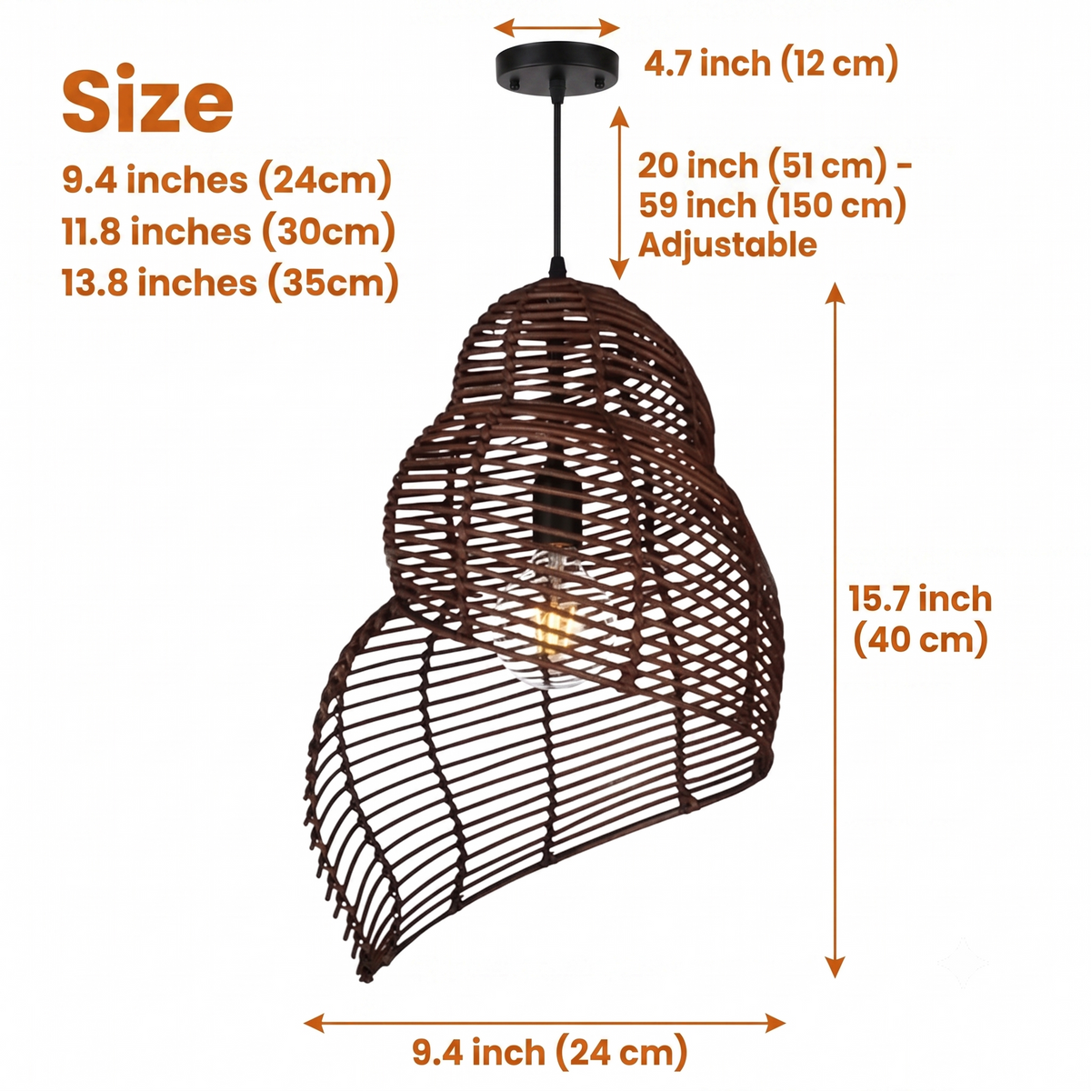 Shell Spiral Black Rattan Pendant Light in 9.4-inch to 13.8-inch diameters, larger sizes cast broader shadow patterns while smaller ones show tighter, subtler weave detail