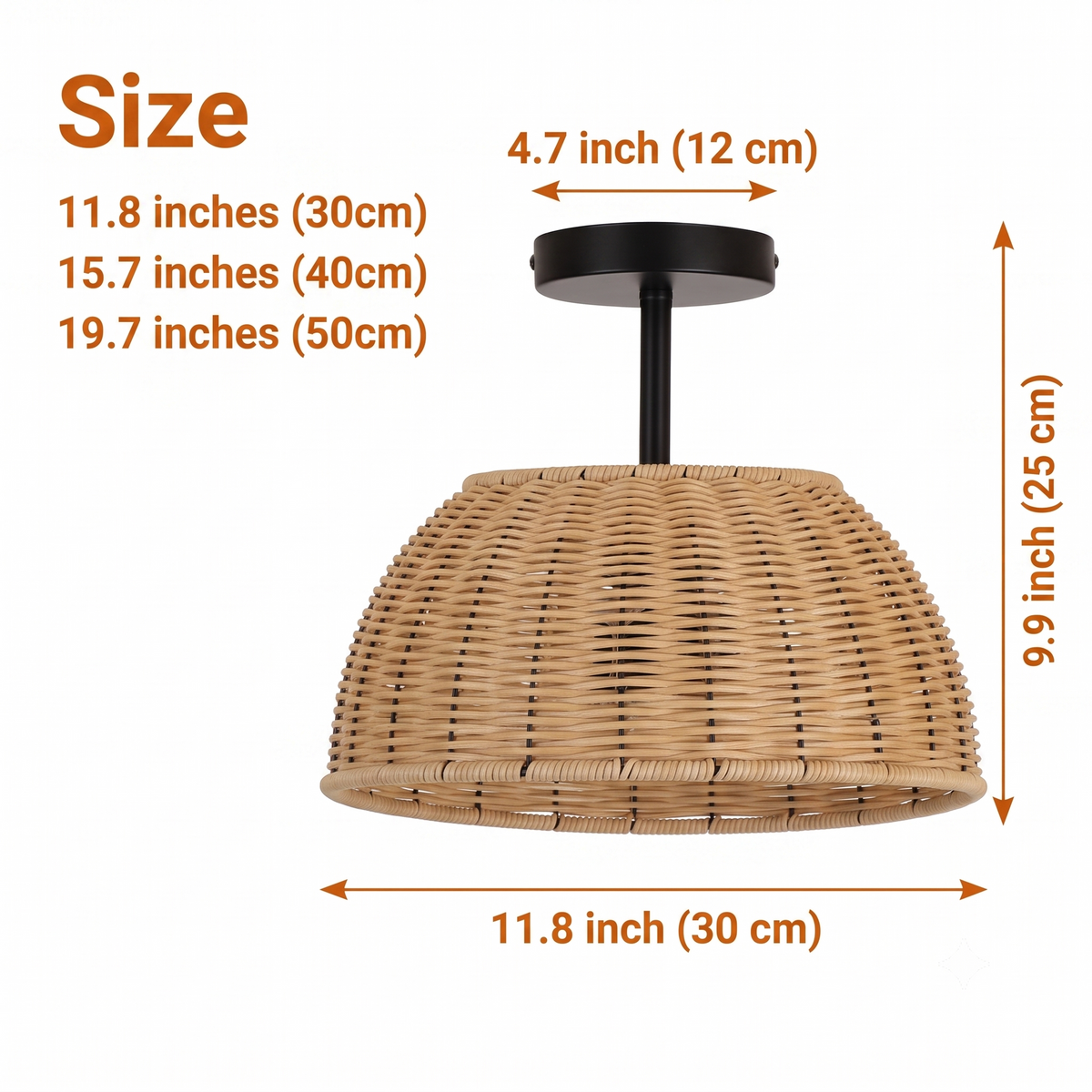Sherley Boho Wicker Rattan Pendant Light in 11.8-inch to 19.7-inch diameters, larger dome shows more weave surface and casts a wider shadow pattern than the cozier small size