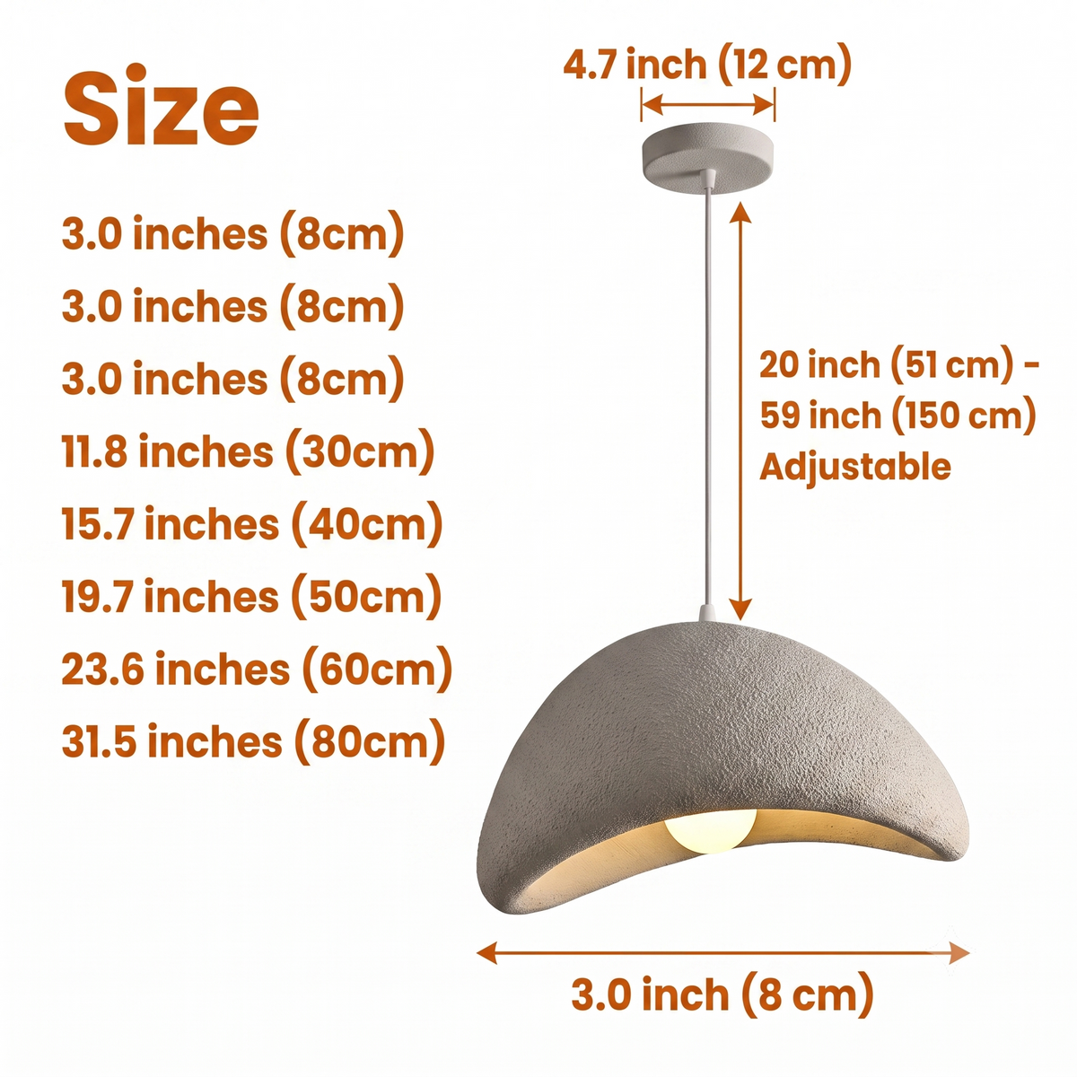 Shibui Wabi Sabi Pendant Light in 11.8-inch to 31.5-inch diameters, larger shell widens the light pool and shows more raw texture than the compact accent size