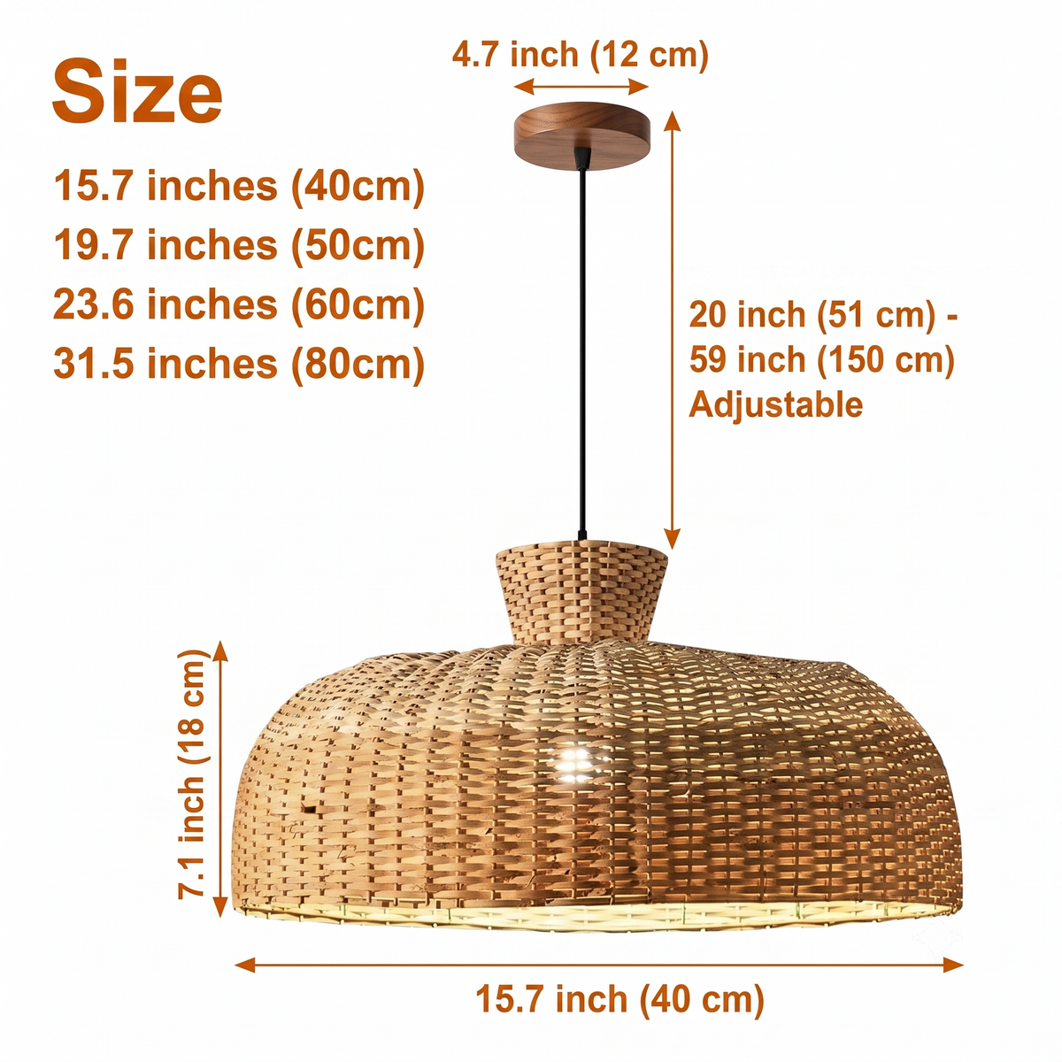 Shihadi Wicker Bamboo Pendant Light in 15.7-inch to 31.5-inch diameters, smaller shades cast tighter brighter pools while larger ones spread softer glow with more woven texture