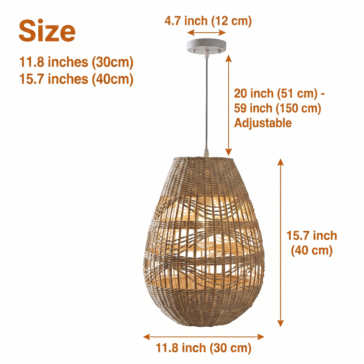 Shiri Wicker Bamboo Rattan Pendant Light in 11.8-inch and 15.7-inch diameters, larger teardrop casts a broader shadow while the smaller shows open weave detail up close