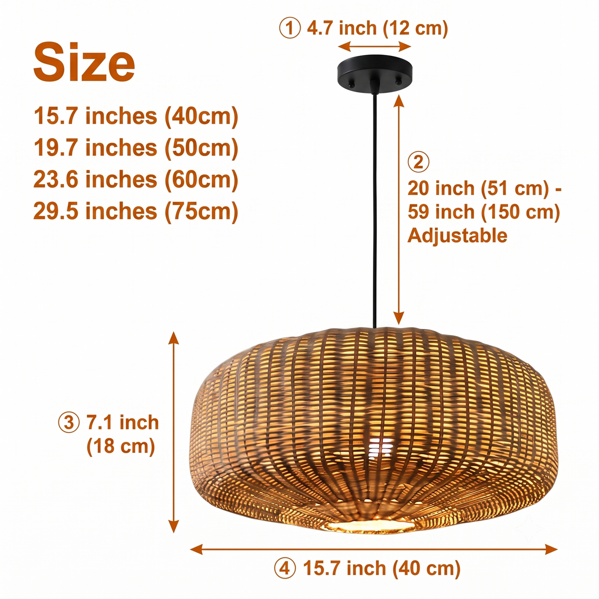 Sia Wicker Drum Pendant Light in 15.7-inch to 29.5-inch diameters, larger drums show more open weave and cast a wider shadow spread than smaller sizes