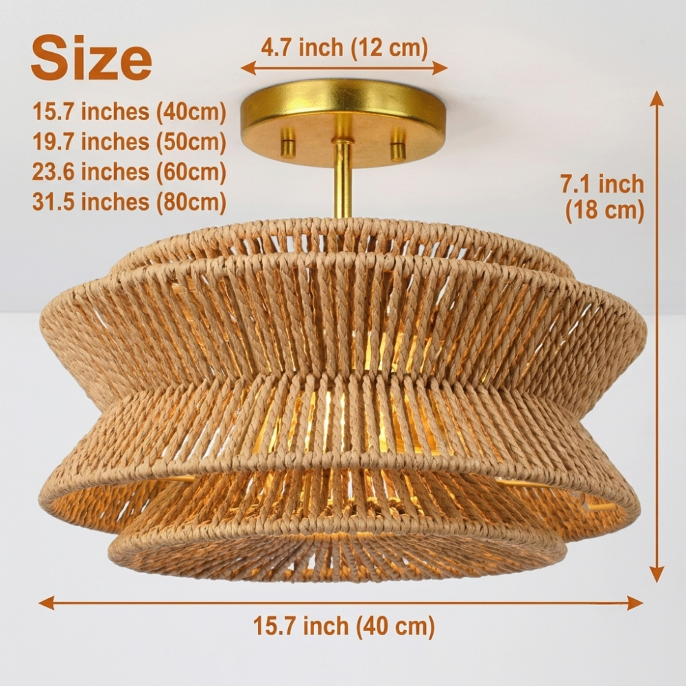 Silvia Wabi Sabi Boho Hemp Rope Ceiling Light in 15.7-inch to 31.5-inch diameters, larger sizes deepen tiered shadows while smaller shades keep weave detail intimate